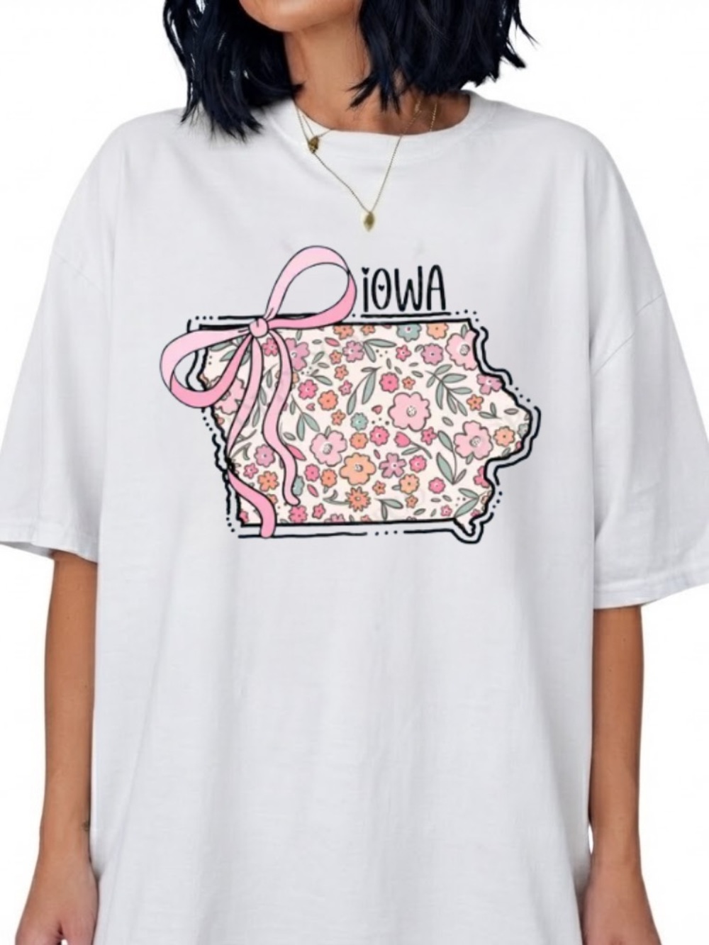Iowa Floral Map Pink Bow Vintage White T-Shirt
